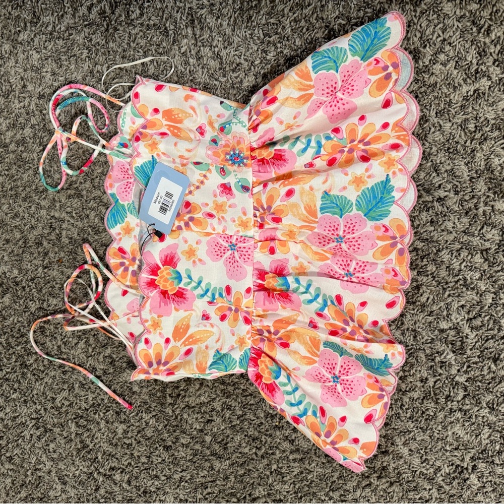 Floral Scalloped Peplum Top with Pink and Orange Accents